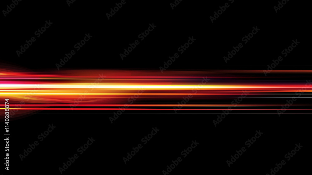 Poster  Dynamic Gradient Abstract: Vibrant Horizontal Light Streaks on Black Background. Perfect for Futuristic and Speed-Related Designs.
