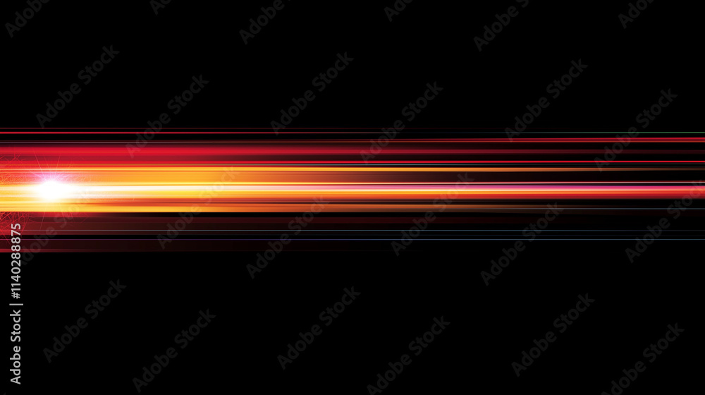 Poster  Dynamic Gradient Abstract: Vibrant Horizontal Light Streaks on Black Background. Perfect for Futuristic and Speed-Related Designs.
