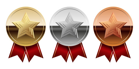 Golden silver and bronze glossy mirror medal with red ribbons and star for sport and games