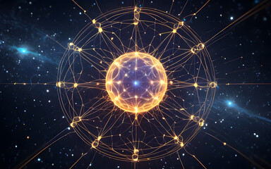A circular network of glowing nodes, interconnected by radiant threads in a cosmic setting