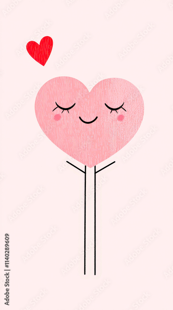Aufkleber cute pink heart character with a smiling expression and tiny hearts above against a soft pink backgr