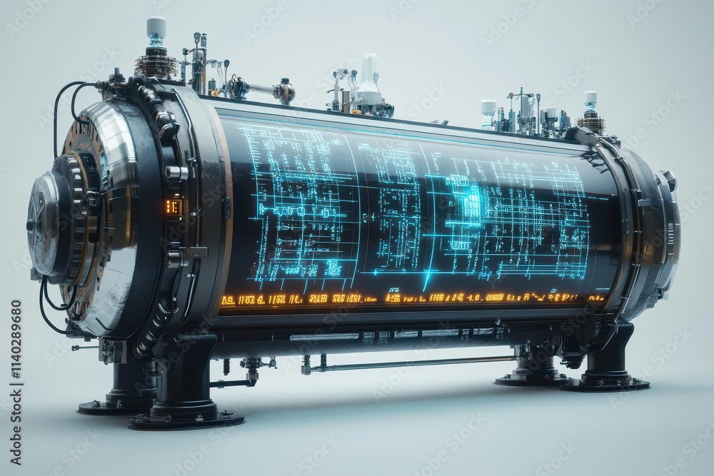 Poster futuristic cylindrical device displaying digital schematics and data.