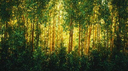 Obraz premium Lush green forest with golden sunlight filtering through the trees.