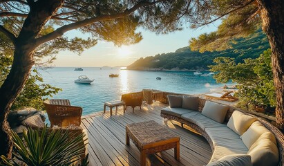Fototapeta premium AI generator images of sitting and relaxing corner Chilling scenery on the beach, beautiful blue sea. It is clean and feels romantic.