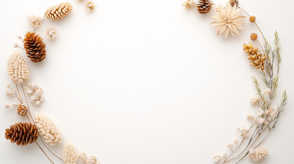 A beautiful arrangement of natural elements including pine cones, dried flowers, and grasses creates serene and elegant frame. This composition is perfect for seasonal decorations or invitations