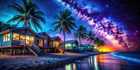Silhouette neon lit beachfront houses at night with palm trees and starry sky futuristic coastal scene