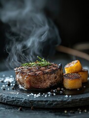 Juicy grilled steak with smoke on black slate plate, served with vegetables and garnishes