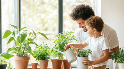 Caring for plants brings joy and connection between father and son as they water their indoor garden together. This nurturing moment highlights beauty of nature and family bonding