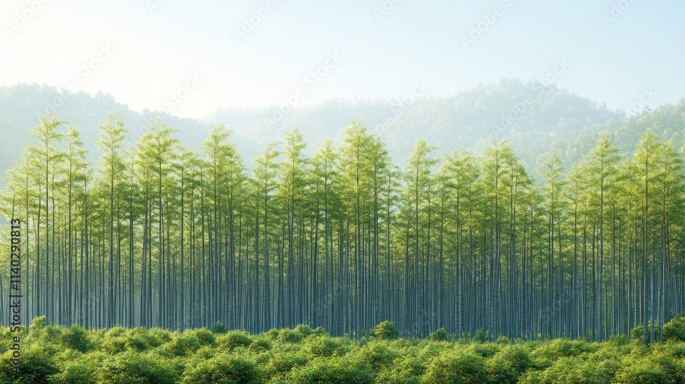 Poster lush green forest with tall trees in a row, extending to a mountain range in soft morning light.