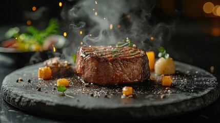 Juicy grilled steak with smoke on black slate plate, served with vegetables and garnishes