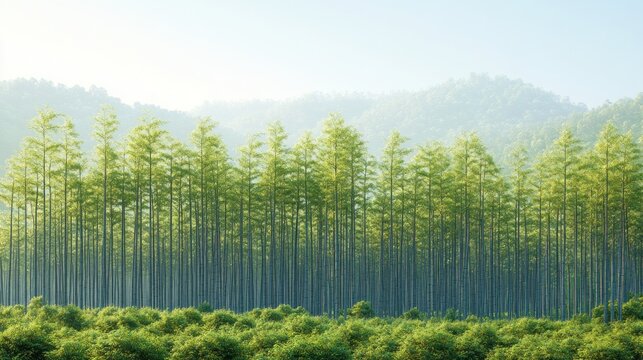 Lush green forest with tall trees in a row, extending to a mountain range in soft morning light.