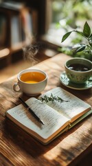 mental wellness activities, Tranquil Journal with Tea and Greenery at Home