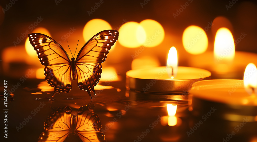 Poster a serene scene featuring a butterfly near glowing candles, creating a calming and intimate atmospher