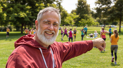 Naklejka premium Cheerful senior man with white beard leading outdoor fitness group in park, wearing red hoodie while demonstrating exercise moves on sunny summer day