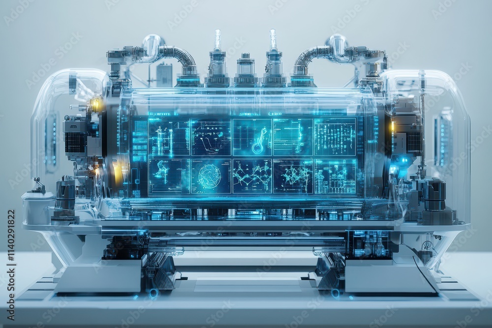Poster futuristic scientific apparatus with glowing data displays and transparent casing.