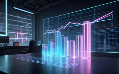 A floating holographic bar graph, glowing softly in a futuristic workspace