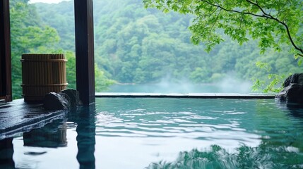 Tranquil outdoor hot spring bath surrounded by lush green forest, symbolizing relaxation, nature, and serenity.