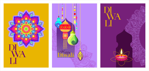 Happy Diwali!Festival of Lights.A set of ready-to-print posters of stylized Indian ornaments(mandalas),an oil lamp with a welcome text in bright festive colors.Fully editable digital illustration flat