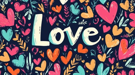 Colorful hand-drawn heart pattern with vibrant “Love” text