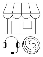 Small storefront with an awning, customer service headset, and coin with dollar sign. Ideal for business operations, customer support, small businesses, e-commerce, retail management, financial