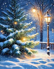 Obraz premium In a tranquil snowy night, soft bokeh Christmas lights adorn fir branches amid a picturesque landscape. Cozy homes are visible, radiating warmth and festivity in the winter wonderland. Generative AI