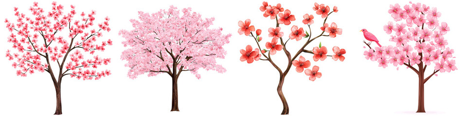 Fototapeta premium Chinese New Year tradition and harmony, A collection of four distinct cherry blossom trees showcasing various styles and colors of pink flowers.