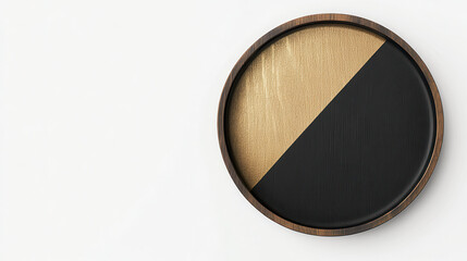 A minimalist circular wooden plate with deep black and gold geometric accents, a sleek and glossy surface, emphasizing luxurious style and contrast, isolated on a pure white background --chaos 10 --ar