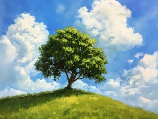 Fototapeta premium Lone sycamore tree on grassy slope nature scene vibrant sky serene landscape artistic view
