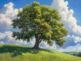Fototapeta premium Majestic sycamore tree on gentle slope scenic landscape nature photography vibrant environment wide angle perspective