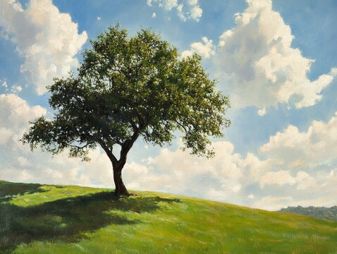 A serene sycamore tree on a gentle slope topaz landscape nature scene peaceful environment outdoor viewpoint