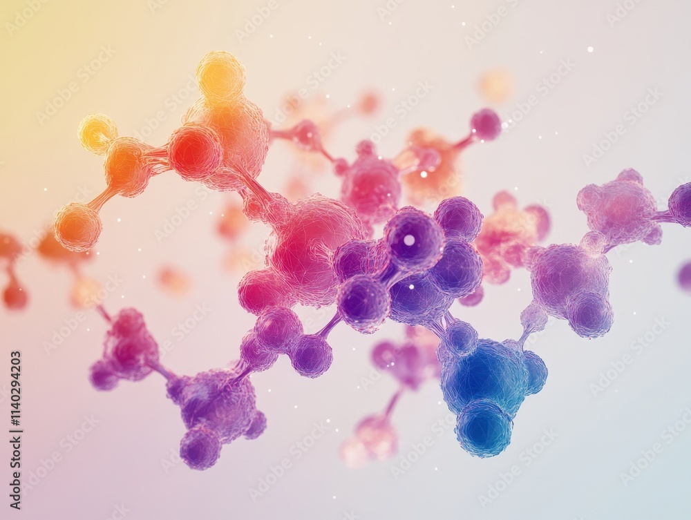 Poster abstract representation of molecular structures in vibrant colors.