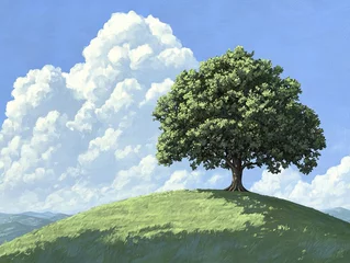 Fototapete Rund Sycamore tree on grassy slope in topaz landscape nature scene vibrant environment serene viewpoint © CreativePulse