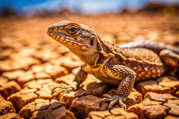 Fototapeta premium Brown Lizard on Dirt - Desert Reptile, Reptilian Wildlife Photography, Dry Landscape, Nature Closeup