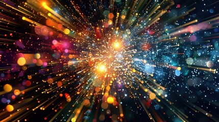 Fototapeta premium Abstract background showcasing colorful explosions of light and particles emanating from the center, symbolizing big data and information flow
