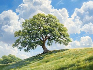 Fototapeta premium Solitary sycamore tree on gentle slope scenic landscape nature photography bright skies tranquil setting