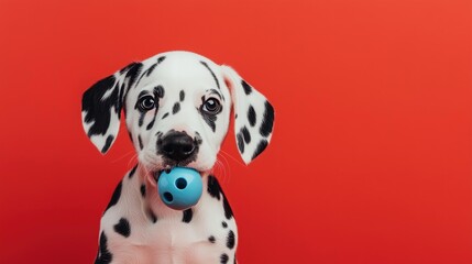 Cute Dalmatian puppy with black spots against a red background