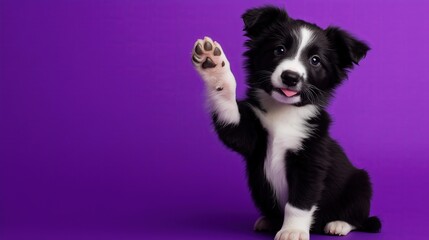 Playful Border Collie Puppy Sitting in Front of Purple Background