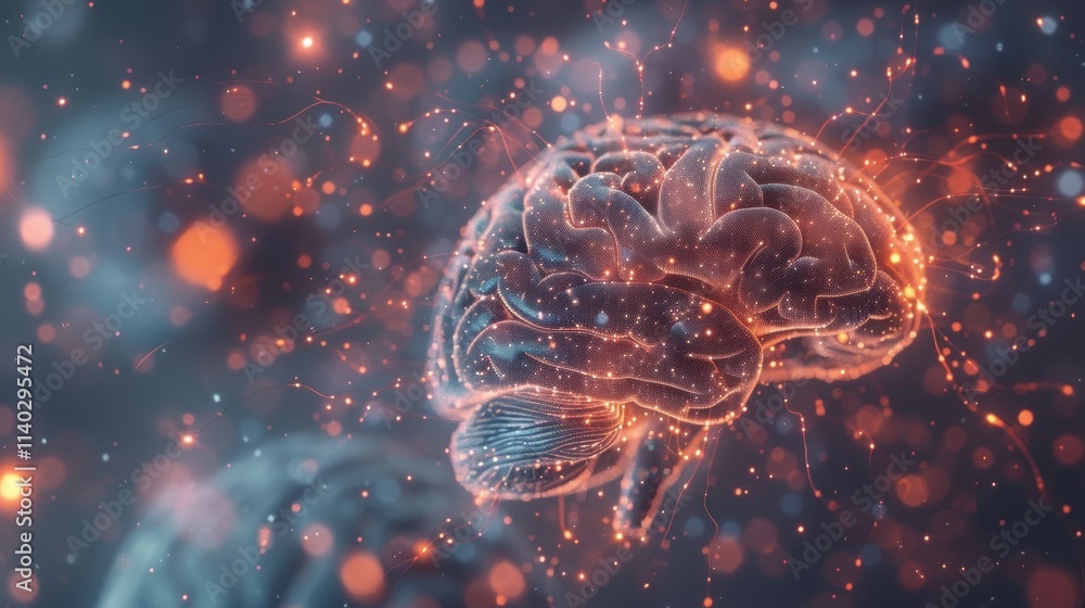 Poster glowing digital human brain generating vast amounts of data and creating artificial intelligence, se