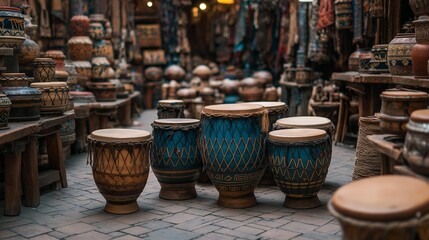 Fototapeta premium AI generator image of vintage drum sets crowded together in bazaar, the drums float weightlessly