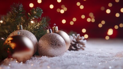 Golden baubles, red ribbons, and stars lying on a holiday surface
Golden and silver baubles lying on a traditional festive fabric
Golden and red Christmas ornaments on a white backdrop
Glittery stars,