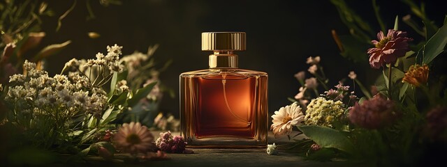 A brown glass bottle with a golden cap, filled with essential oil and surrounded by flowers and plants on the right side of the image