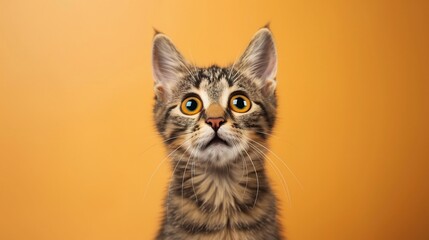Curious kitten with wide eyes stares upwards against a warm orange backdrop.