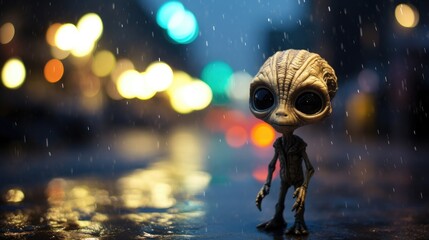 Naklejka premium Alien figure standing in the rain on a city street at night with blurred lights and reflections