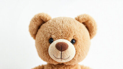 Teddy Bear Plush Close-Up Normal: Teddy Bear Plush Close-Up: A minimalistic composition featuring the top half of a simple, brown plush teddy bear’s face, with soft, rounded ears and a stitched nose