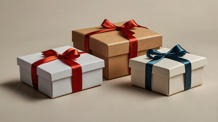 Fototapeta premium Three beautifully wrapped gift boxes in white, brown, and cream with vibrant ribbons sit on a smooth, neutral background, ready for a special event or celebration.