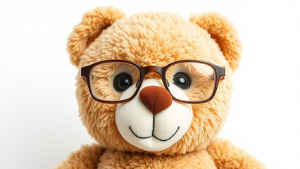 Teddy Bear Plush Close-Up With Glasses: Teddy Bear Plush Close-Up: A plush teddy bear wearing small, rectangular glasses with soft frames, adding a refined and quirky touch to its minimalistic design