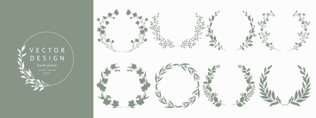 Floral circle Frame Set. Hand drawn elegant botanical round border, laurel, wreath with branches, leaves and flowers in silhouettes. Vector isolated illustration for wedding invitation, card, logo