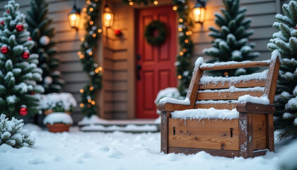 Festively decorated front porch with wreath and flowers covered in snow