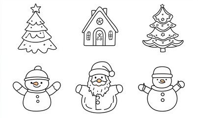 christmas icons, line art in black and white for a coloring page for kids with crisp lines and a white background