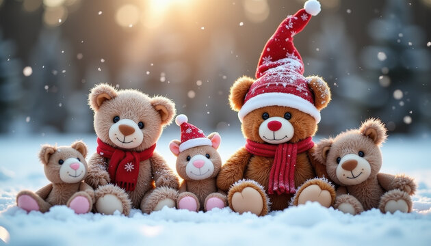 Soft toys laid out for charity in a winter snowy setting